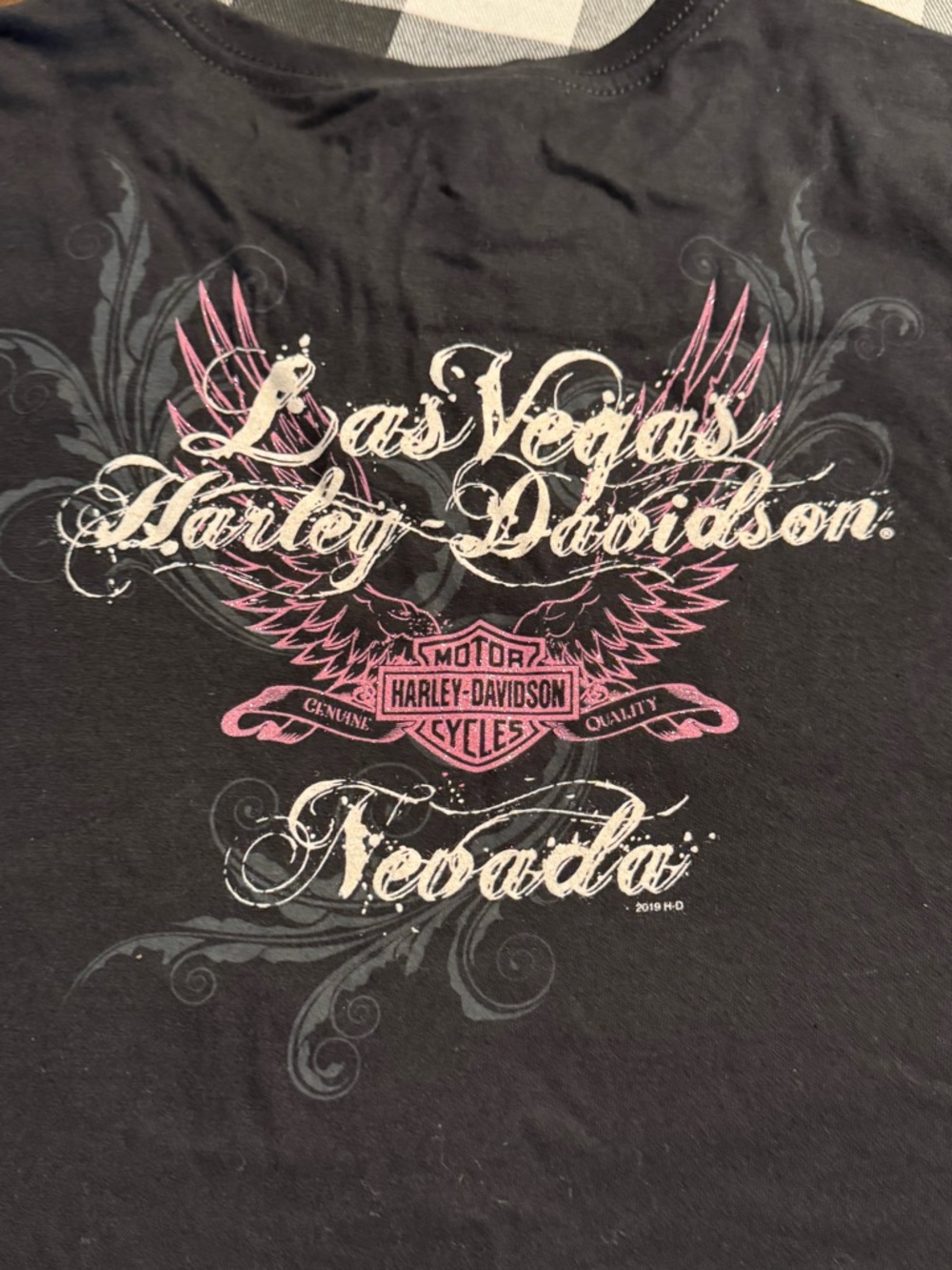 Harley-Davidson Black Tee with Pink & White Graphic Wings